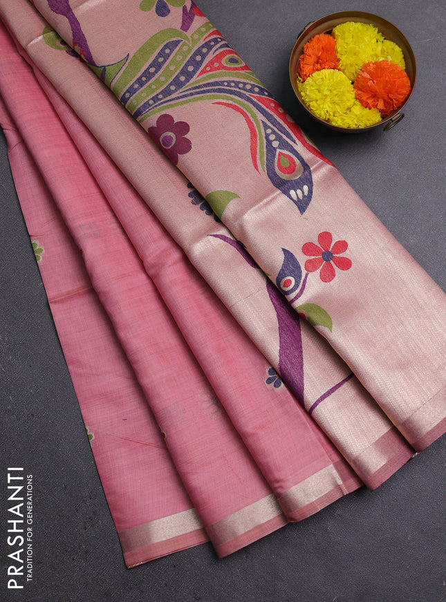 Jamdhani cotton saree light pink with thread & zari woven floral buttas and jamdhani pallu