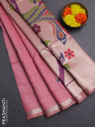Jamdhani cotton saree light pink with thread & zari woven floral buttas and jamdhani pallu