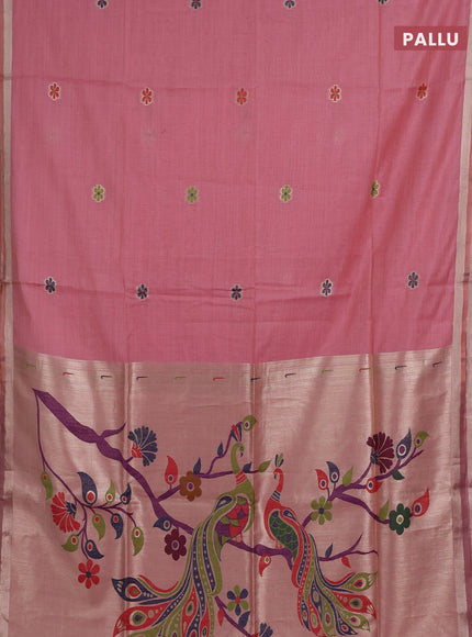 Jamdhani cotton saree light pink with thread & zari woven floral buttas and jamdhani pallu