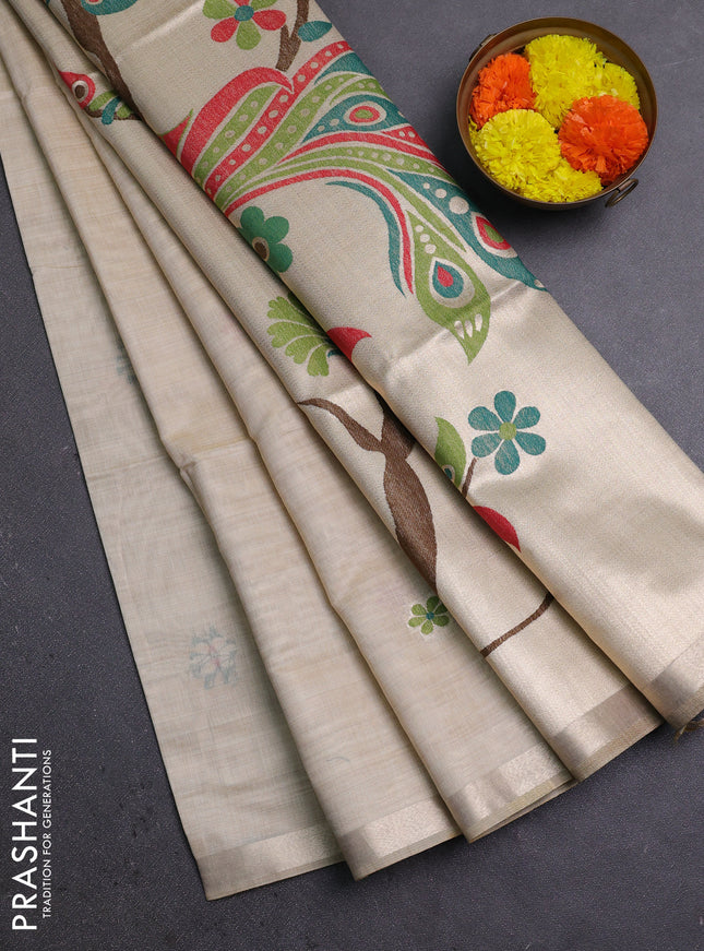 Jamdhani cotton saree beige with thread & zari woven floral buttas and jamdhani pallu