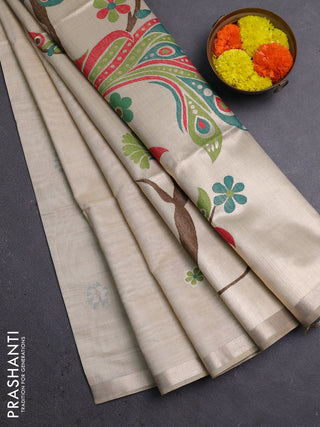 Jamdhani cotton saree beige with thread & zari woven floral buttas and jamdhani pallu