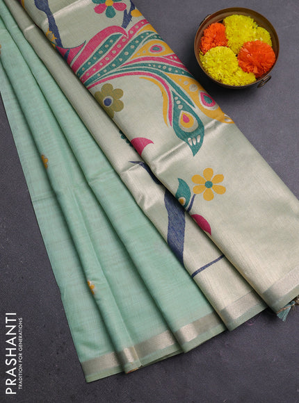 Jamdhani cotton saree teal green with thread & zari woven floral buttas and jamdhani pallu