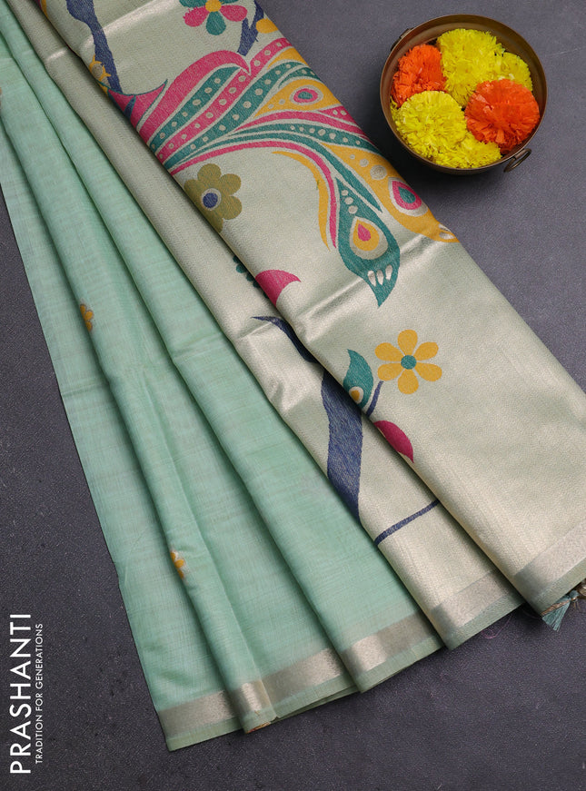 Jamdhani cotton saree teal green with thread & zari woven floral buttas and jamdhani pallu