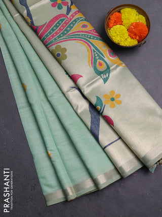 Jamdhani cotton saree teal green with thread & zari woven floral buttas and jamdhani pallu