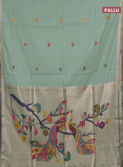 Jamdhani cotton saree teal green with thread & zari woven floral buttas and jamdhani pallu