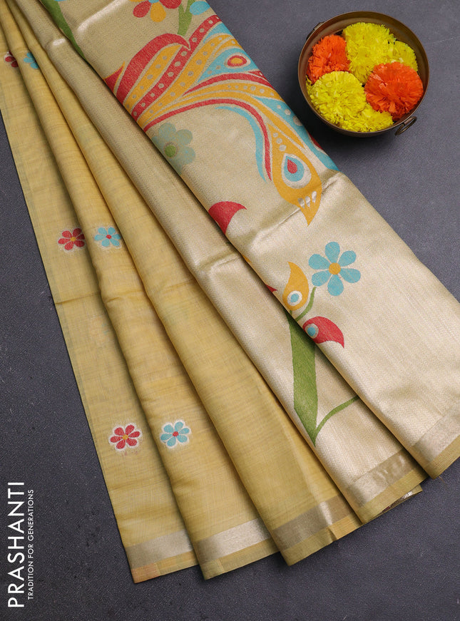 Jamdhani cotton saree pale yellow with thread & zari woven floral buttas and jamdhani pallu