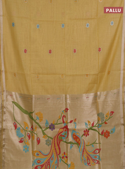 Jamdhani cotton saree pale yellow with thread & zari woven floral buttas and jamdhani pallu