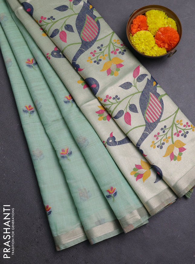 Jamdhani cotton saree pista green with thread woven buttas and jamdhani pallu