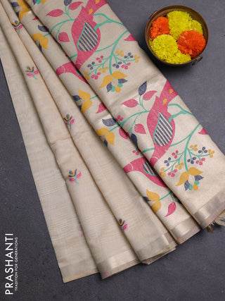 Jamdhani cotton saree cream with thread woven buttas and jamdhani pallu