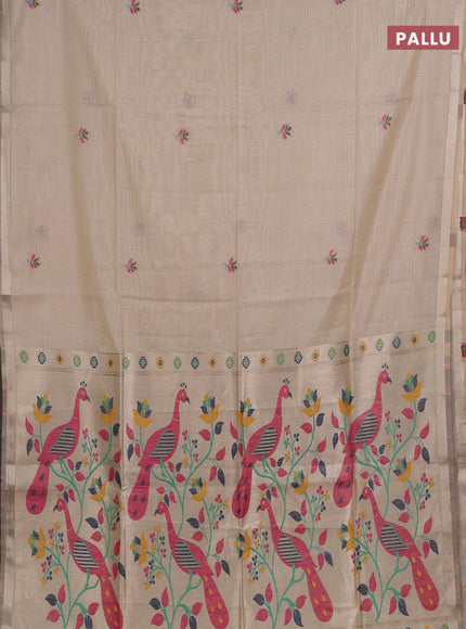Jamdhani cotton saree cream with thread woven buttas and jamdhani pallu