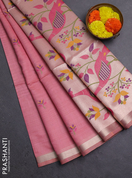 Jamdhani cotton saree light pink with thread woven buttas and jamdhani pallu