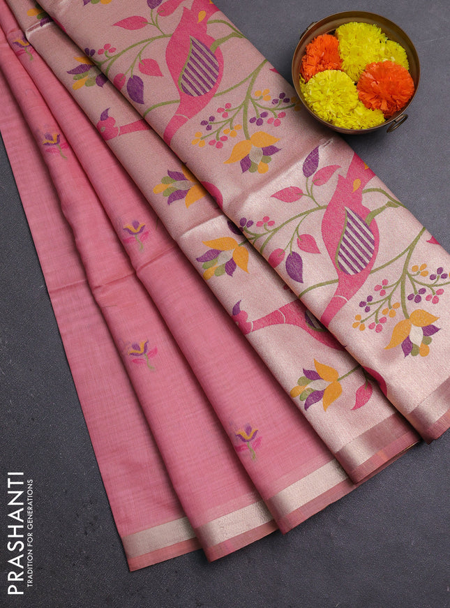 Jamdhani cotton saree light pink with thread woven buttas and jamdhani pallu