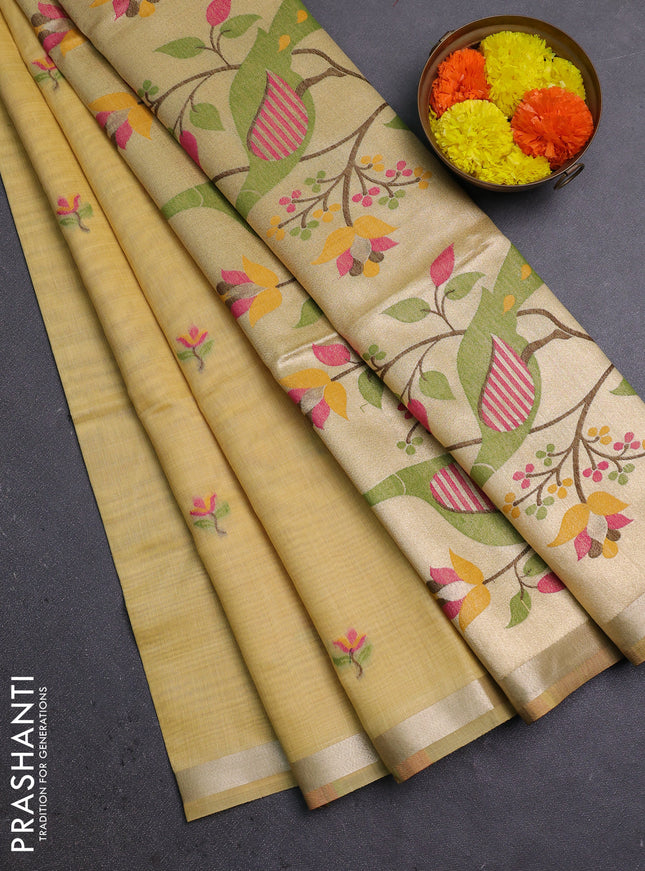 Jamdhani cotton saree pale yellow with thread woven buttas and jamdhani pallu