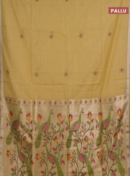 Jamdhani cotton saree pale yellow with thread woven buttas and jamdhani pallu