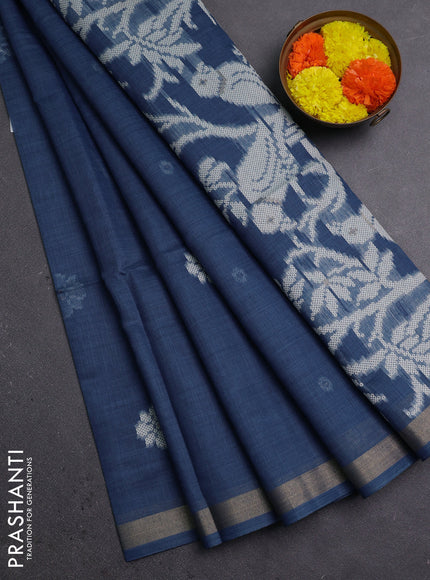 Jamdhani cotton saree indigo blue with allover thread woven buttas and jamdhani pallu