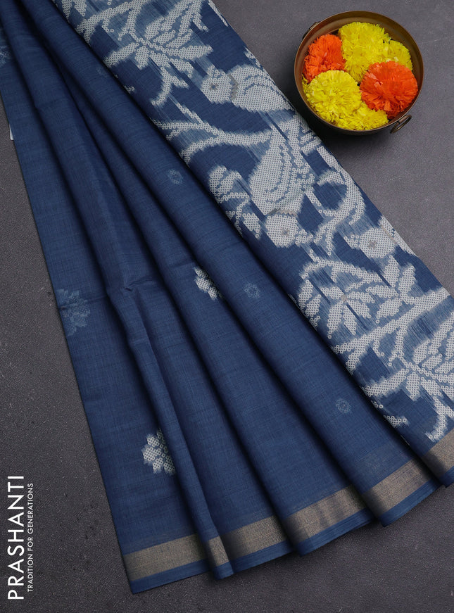 Jamdhani cotton saree indigo blue with allover thread woven buttas and jamdhani pallu