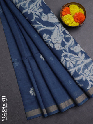 Jamdhani cotton saree indigo blue with allover thread woven buttas and jamdhani pallu