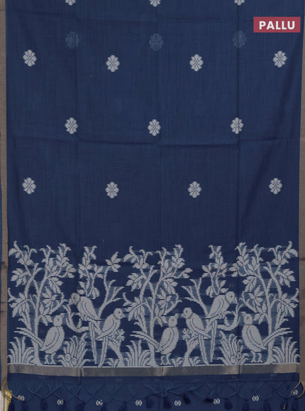 Jamdhani cotton saree indigo blue with allover thread woven buttas and jamdhani pallu