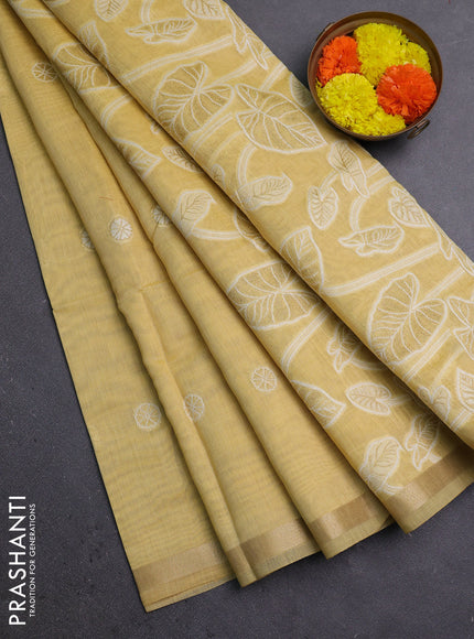 Jamdhani cotton saree pale yellow with allover thread woven buttas and thread woven pallu