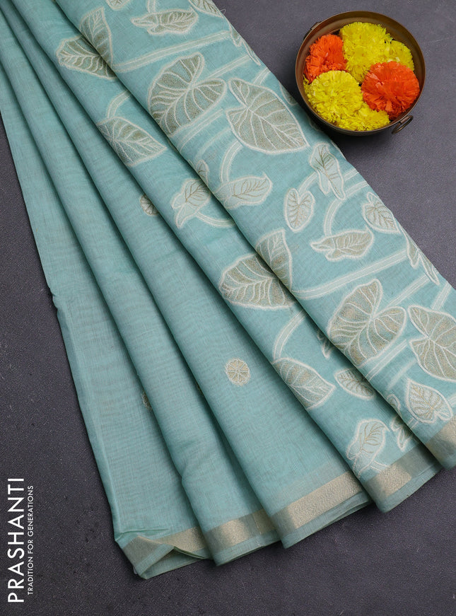 Jamdhani cotton saree teal blue with allover thread woven buttas and thread woven pallu