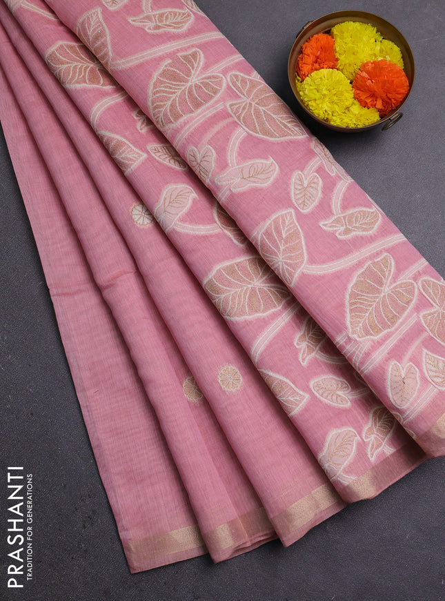 Jamdhani cotton saree light pink with allover thread woven buttas and thread woven pallu