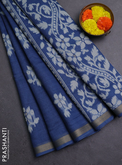 Jamdhani cotton saree indigo blue with allover thread woven buttas and jamdhani pallu