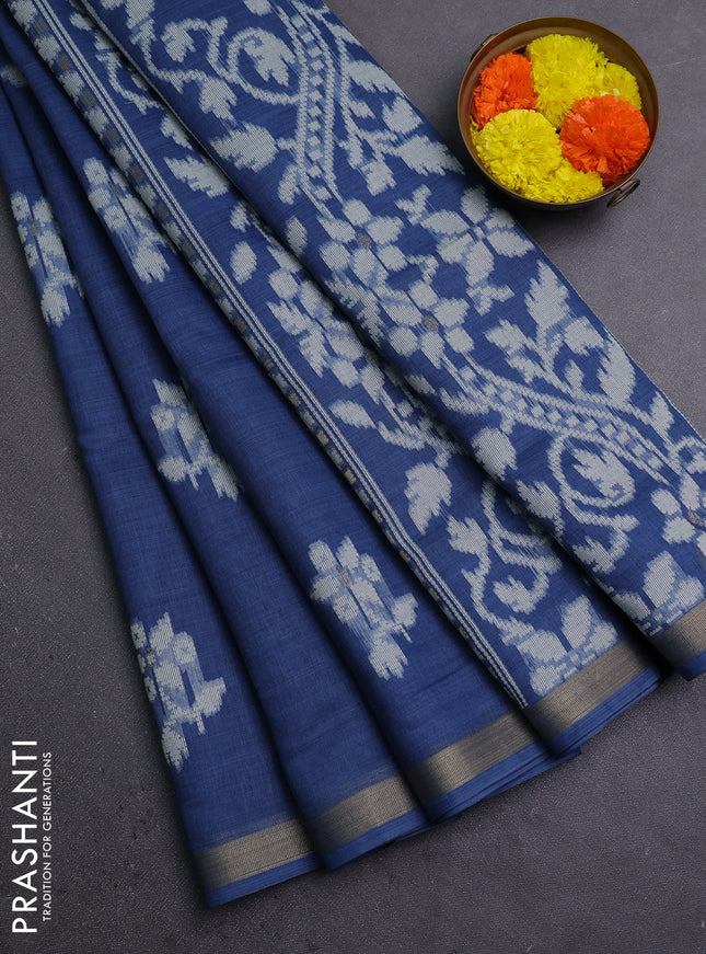 Jamdhani cotton saree indigo blue with allover thread woven buttas and jamdhani pallu