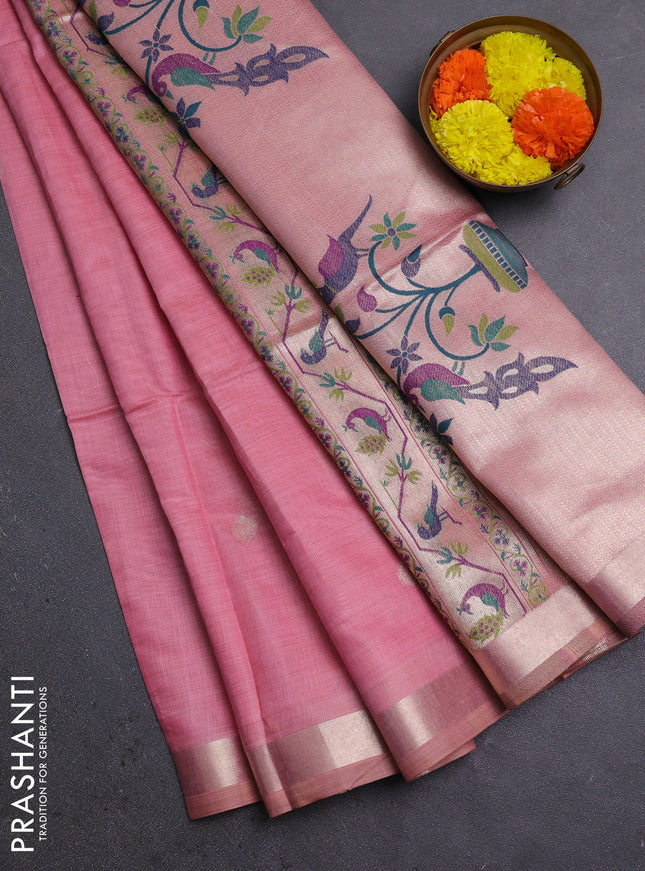 Jamdhani cotton saree light pink with zari woven buttas and jamdhani pallu
