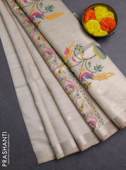 Jamdhani cotton saree beige with zari woven buttas and jamdhani pallu
