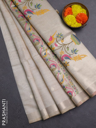 Jamdhani cotton saree beige with zari woven buttas and jamdhani pallu