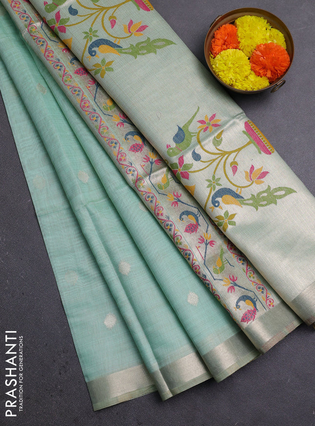 Jamdhani cotton saree teal green with zari woven buttas and jamdhani pallu