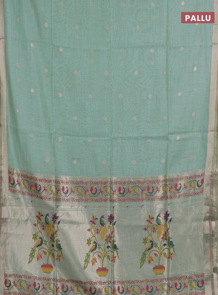Jamdhani cotton saree teal green with zari woven buttas and jamdhani pallu