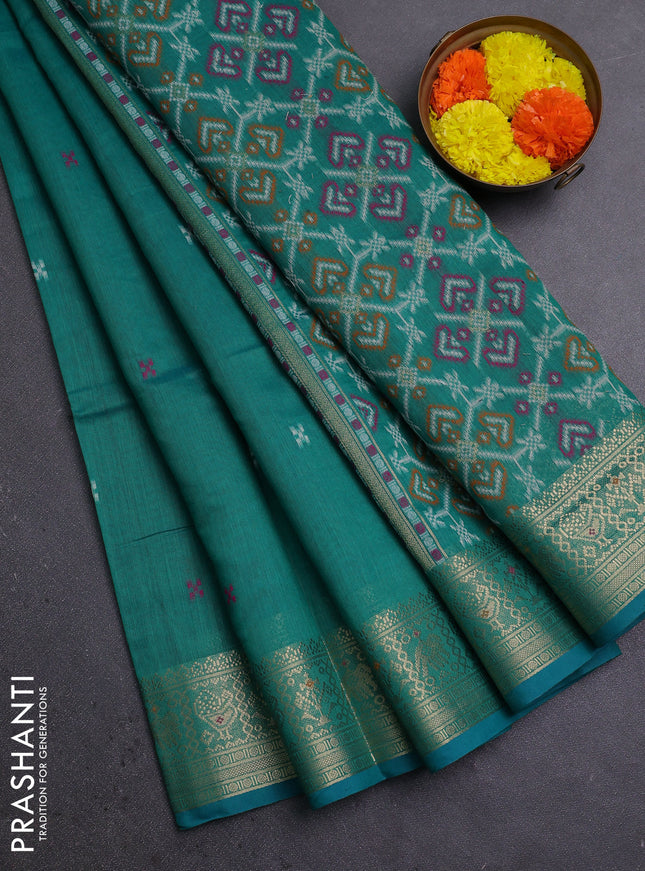 Jamdhani cotton saree teal green with thread woven buttas and zari woven border