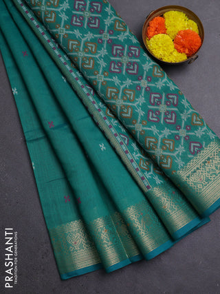 Jamdhani cotton saree teal green with thread woven buttas and zari woven border