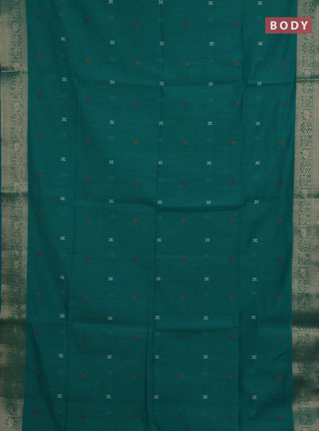 Jamdhani cotton saree teal green with thread woven buttas and zari woven border