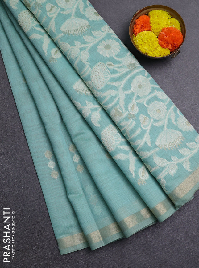 Jamdhani cotton saree teal shade with thread & zari woven buttas and thread woven pallu