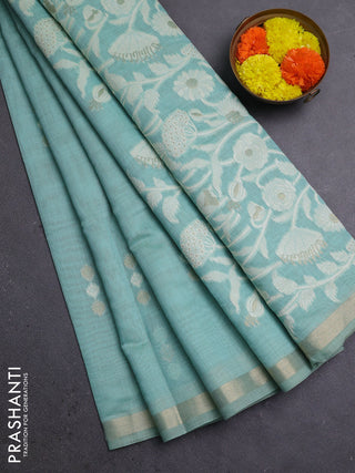 Jamdhani cotton saree teal shade with thread & zari woven buttas and thread woven pallu