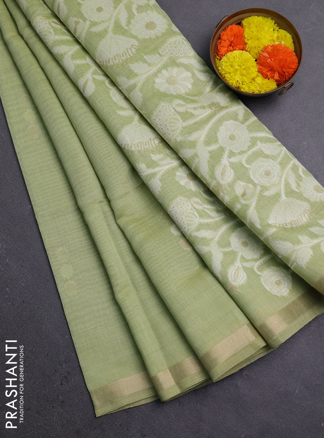 Jamdhani cotton saree pista green with thread & zari woven buttas and thread woven pallu
