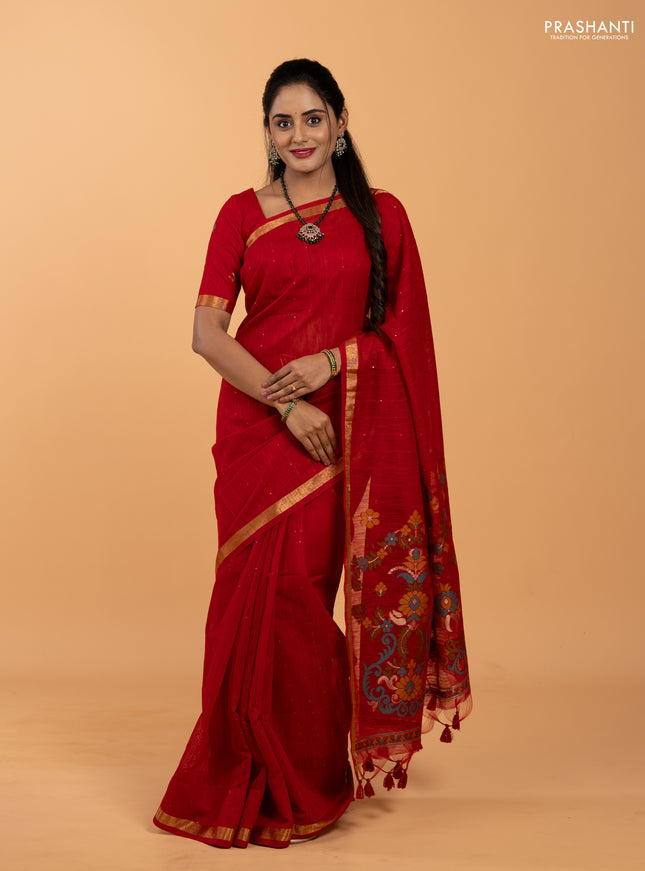 Jute silk saree red with allover sequin work and jamdhani pallu