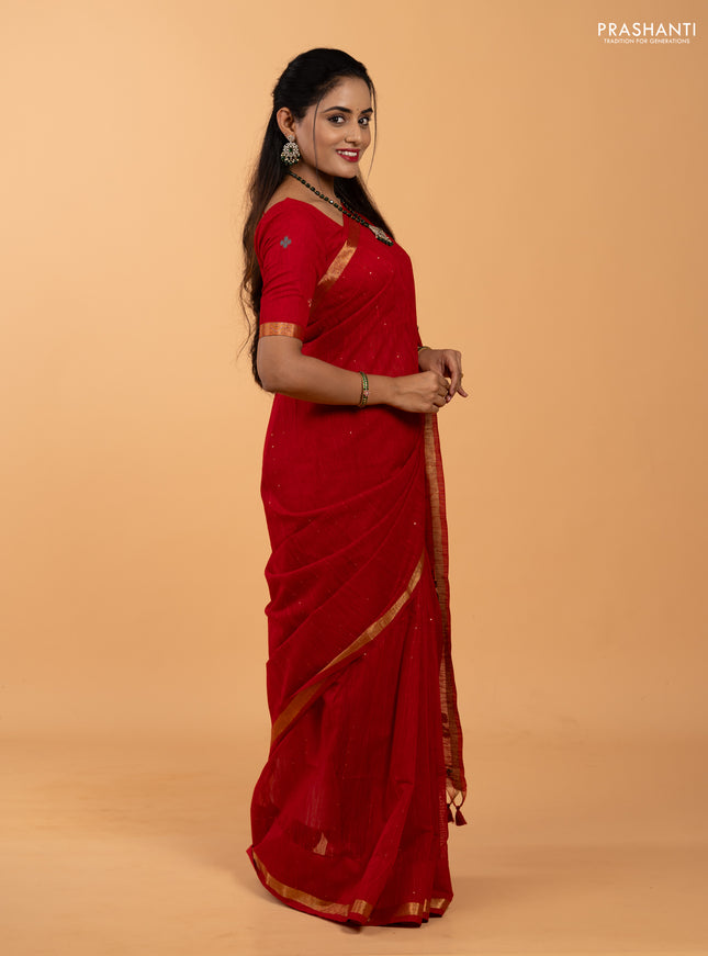 Jute silk saree red with allover sequin work and jamdhani pallu