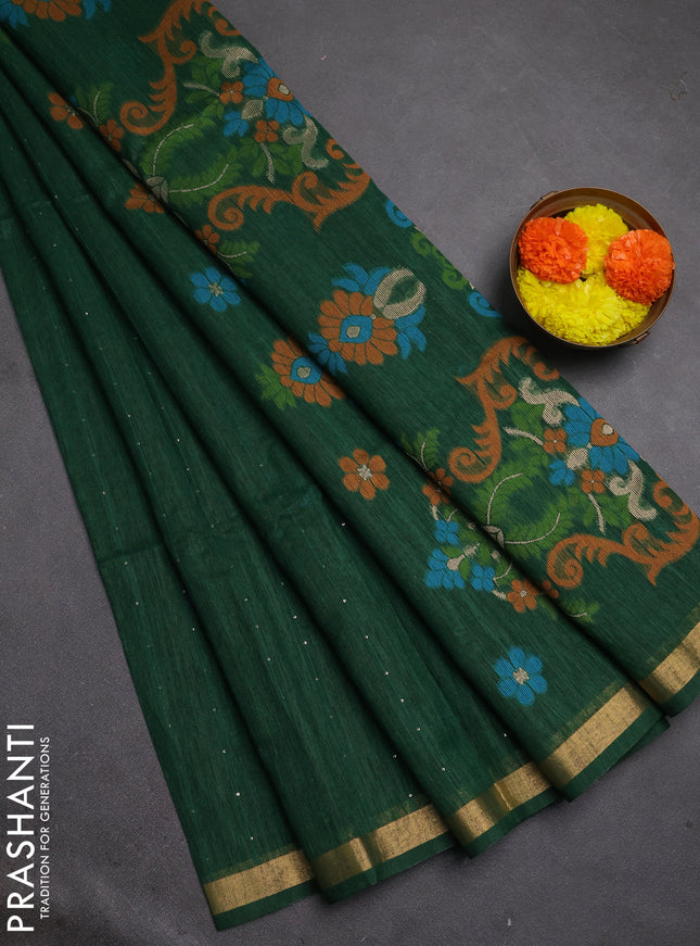 Jute silk saree bottle green with allover sequin work and jamdhani pallu