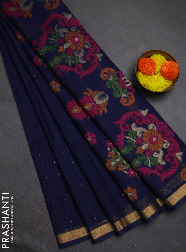 Jute silk saree navy blue with allover sequin work and jamdhani pallu