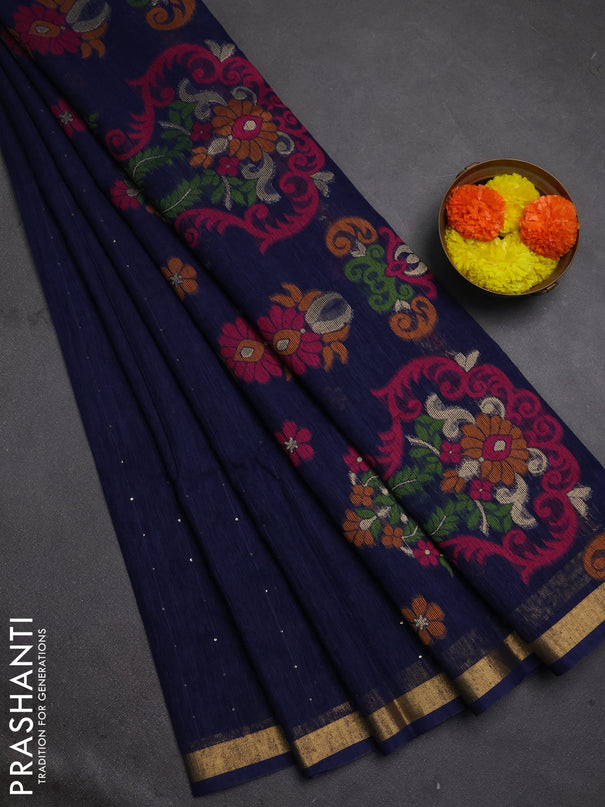 Jute silk saree navy blue with allover sequin work and jamdhani pallu