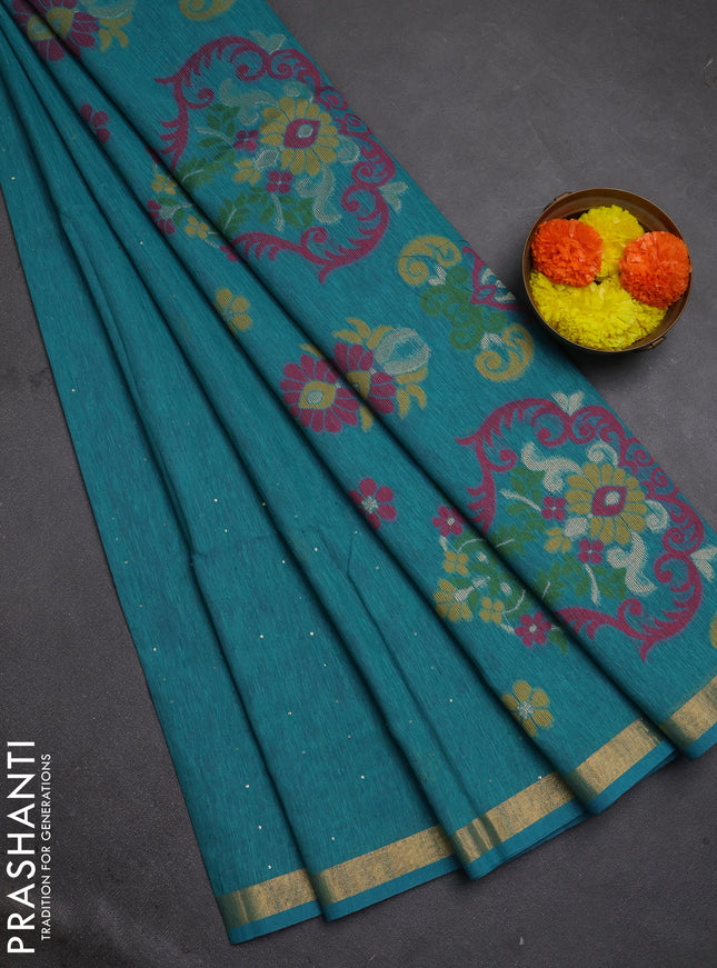 Jute silk saree teal blue with allover sequin work and jamdhani pallu