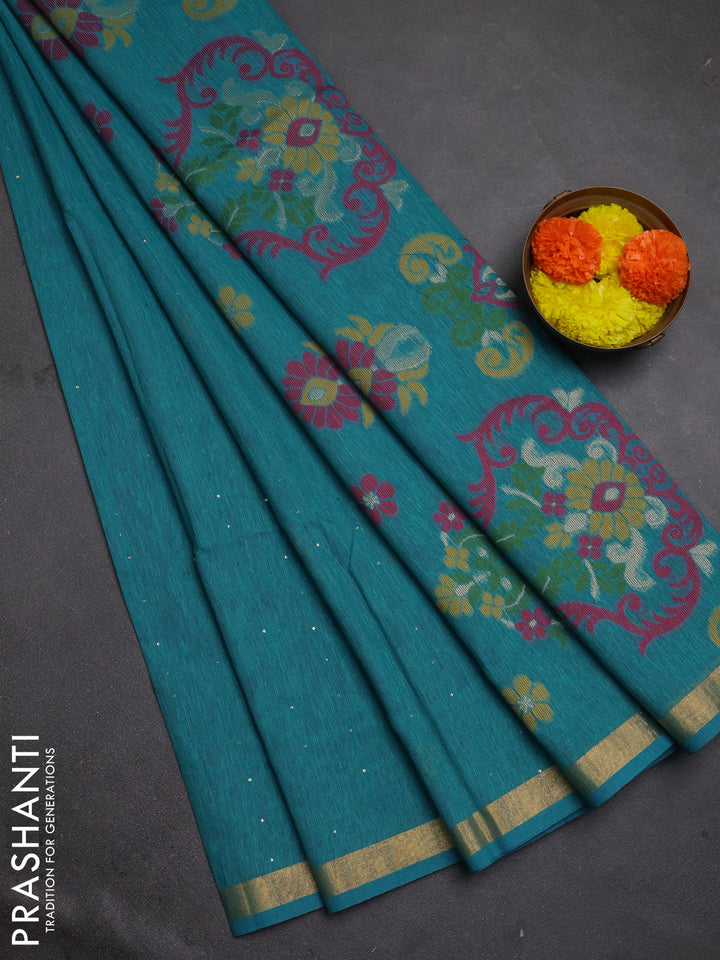 Jute silk saree teal blue with allover sequin work and jamdhani pallu
