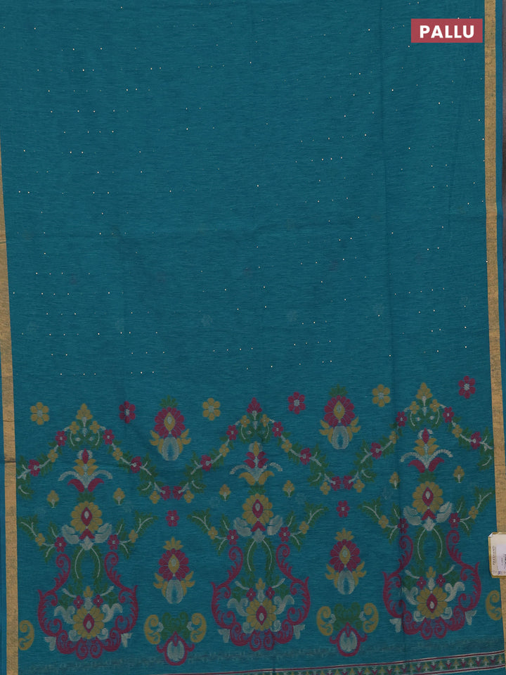 Jute silk saree teal blue with allover sequin work and jamdhani pallu