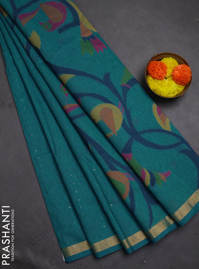 Jute silk saree peacock blue with allover sequin work and jamdhani pallu