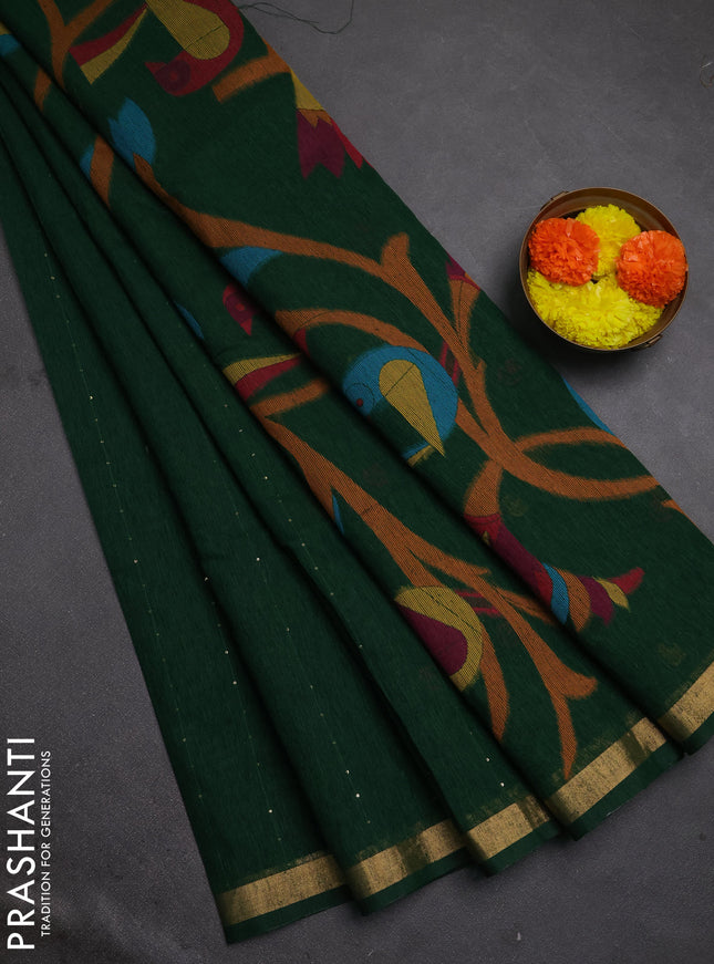 Jute silk saree bottle green with allover sequin work and jamdhani pallu
