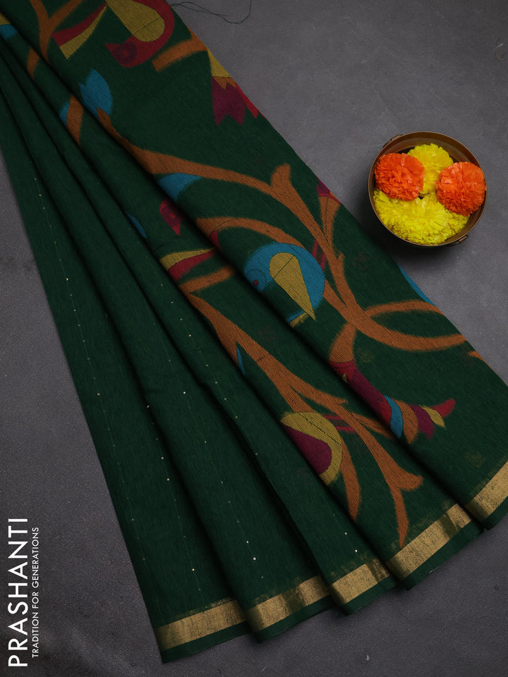 Jute silk saree bottle green with allover sequin work and jamdhani pallu