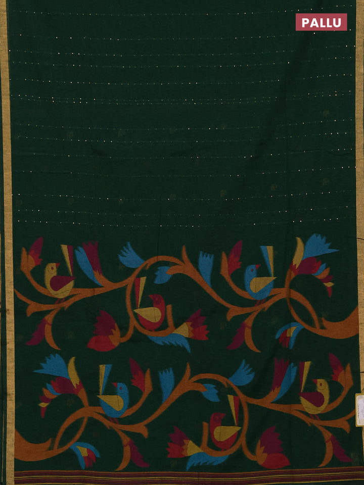 Jute silk saree bottle green with allover sequin work and jamdhani pallu
